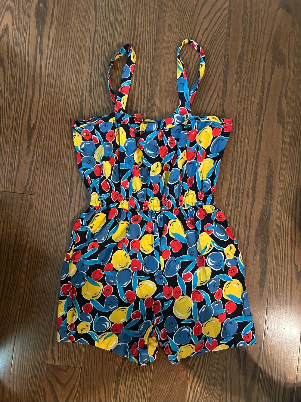 Vintage Blue Floral Print Romper with big pockets. Yellow & Red Accents. Sz S